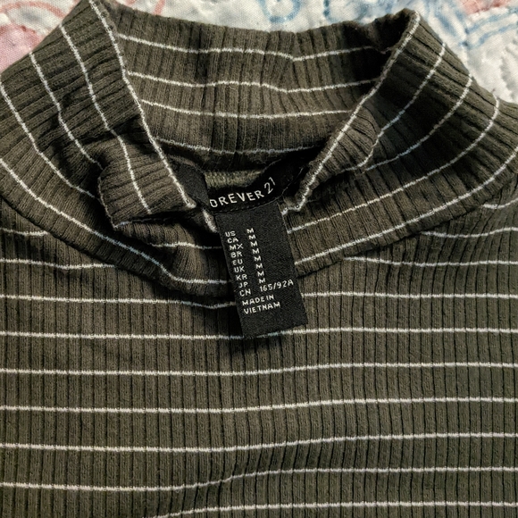 FOREVER 21 soft stretch striped ribbed mock neck bodycon dress olive and cream M - Picture 2 of 3